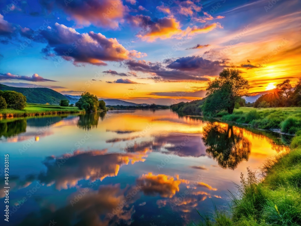 Obraz premium Serene Twilight River: Calm Water, Distant Landscape - Peaceful Nature Photography