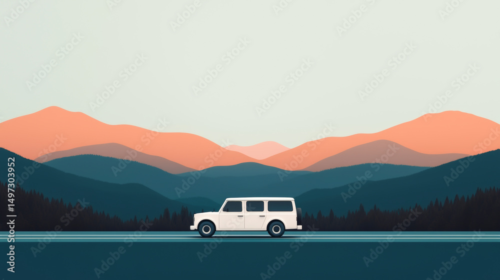 Fototapeta premium A minimalist illustration of a white SUV driving through scenic mountains at sunset.