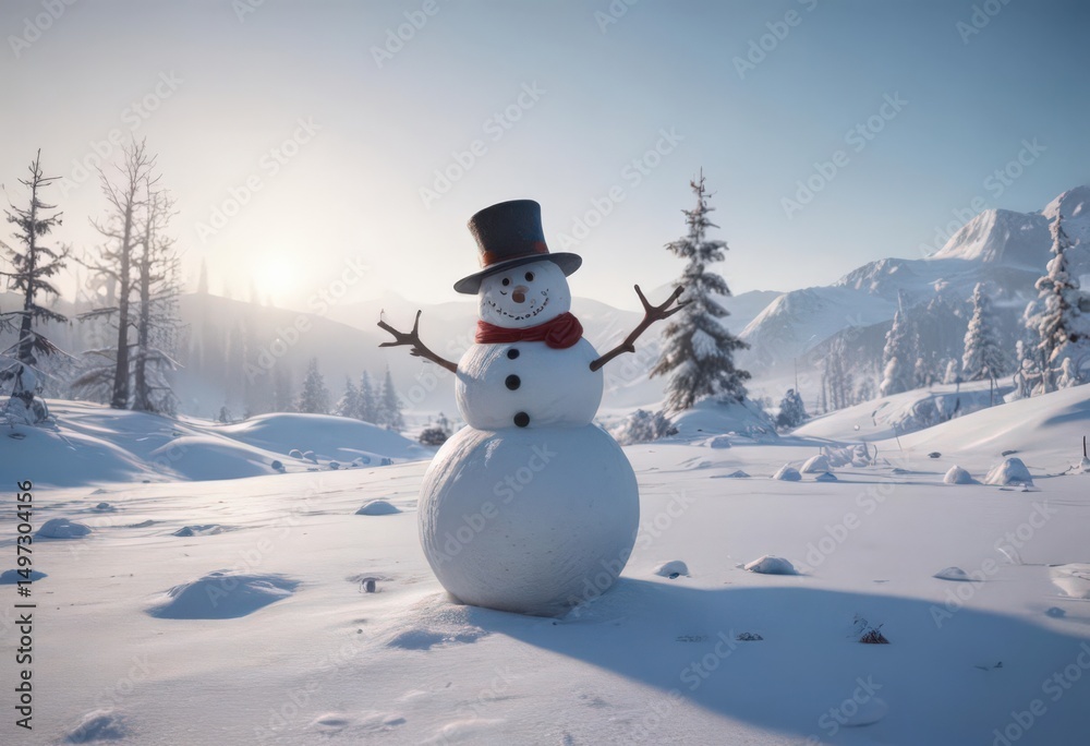 Obraz premium Frosty snowman, winter gear scattered, stark landscape, cold, stark, still
