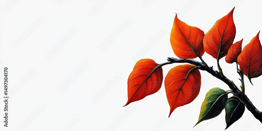 Fototapeta premium Isolated botanical leaves adorn a white background. Autumn foliage in orange and red hues. Natures vibrant art, elegant design, and textured illustration. Perfect for botanical themes.