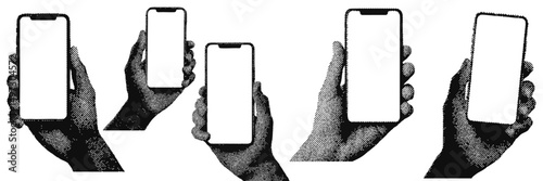 A person holding a mobile phone with blank screen. Grunge halftone effect