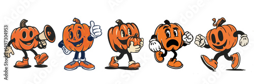 vintage retro style halloween pumpkin cartoon mascot character with expressive faces and gestures