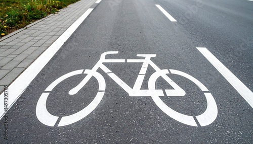 white bicycle sign painted on asphalt road, city cycling concept photo