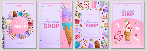 A set of flyers for an ice cream shop. Different types of ice cream. The concept of summer, sweets, confectionery. A4 vector illustration for posters, banners and advertisements