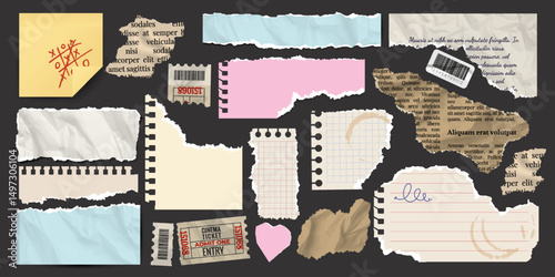Set of torn paper. Notepad sheets, scraps of notebook page, torn crumpled old letter, newspaper and movie tickets. Vector design template in aged style.