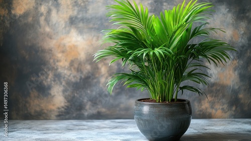 Elegant Parlor Palm in a Dark Grey Pot Against a Textured Wall