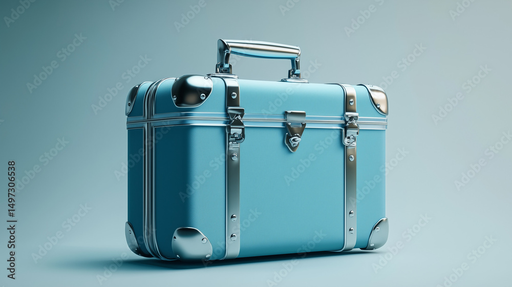 Rendered in 3D, a basic blue suitcase is shown closed, its metal components adding a touch of detail. Rendered in 3D, a basic blue suitcase is shown closed, its metal components adding a touch of detail.