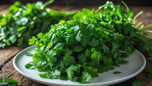 A fresh bunch of cilantro served on a white plate. Culinary components photo