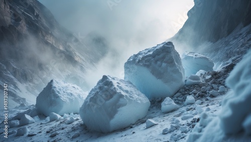 Fototapeta Naklejka Na Ścianę i Meble -  Snow masses after the avalanche falls.