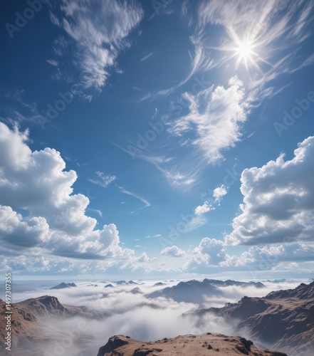 Vast blue sky, ethereal wispy clouds bridging earth and sky,  summer,  spring,  photography