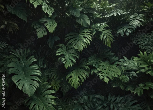Wallpaper Mural Dense, interwoven tropical leaves create a thick, shadowed forest interior ,  dark green,  green,  botanical Torontodigital.ca