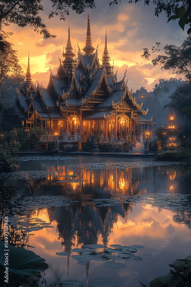 Fototapeta premium Serene Thai temple at sunrise with ornate spires