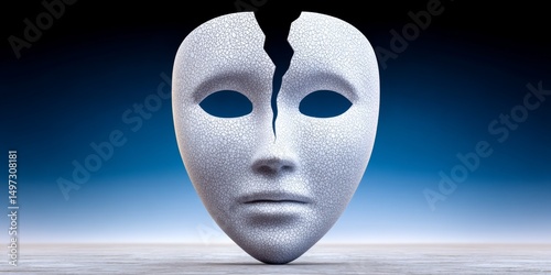 A cracked mask falling off a corrupt official with people watching below
