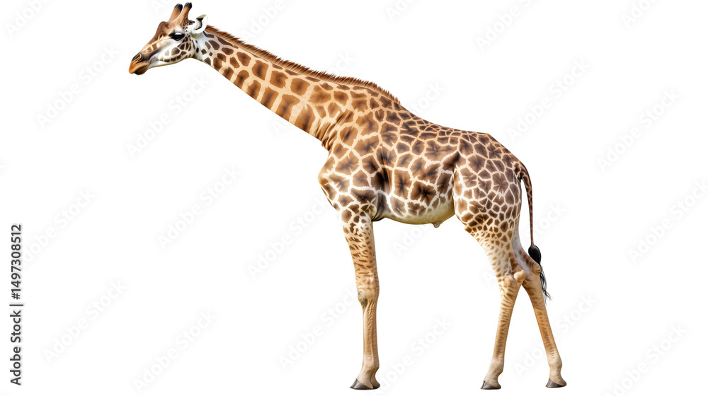 Fototapeta premium Graceful Giraffe in Profile: A stately giraffe, its long neck extended, stands tall with its patterned hide gracefully detailed.
