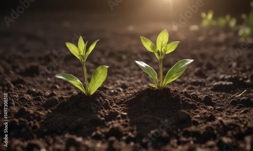 Wallpaper Mural Sunlight illuminates delicate spring seedling pushing through rich dark soil , sunlight, young, green Torontodigital.ca