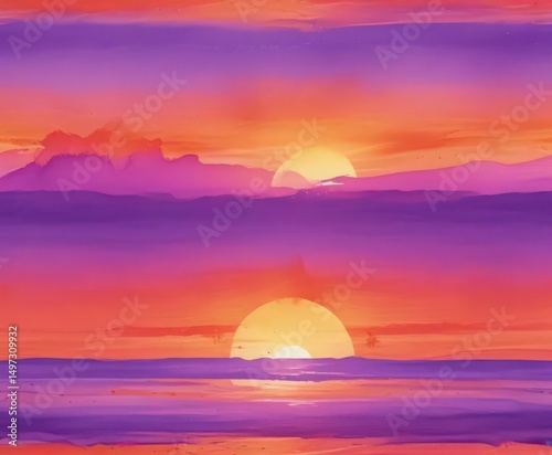 Wallpaper Mural Abstract watercolor sunset, vibrant orange and purple hues blending seamlessly , canvas, art, twilight Torontodigital.ca