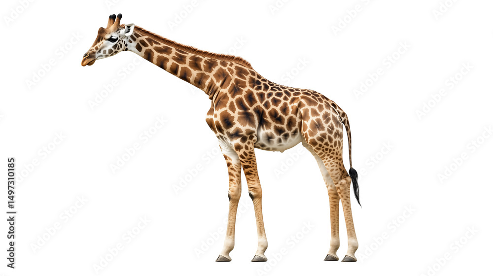 Naklejka premium Graceful Giraffe in Profile: An elegant giraffe showcases its striking patterned coat and impressive height, presented in a clean, simple, and photorealistic style. A majestic creature.