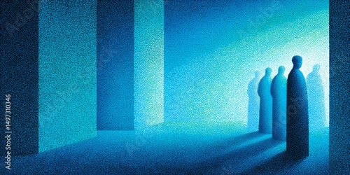 A metaphorical spotlight shining on a government office with figures in shadows retreating