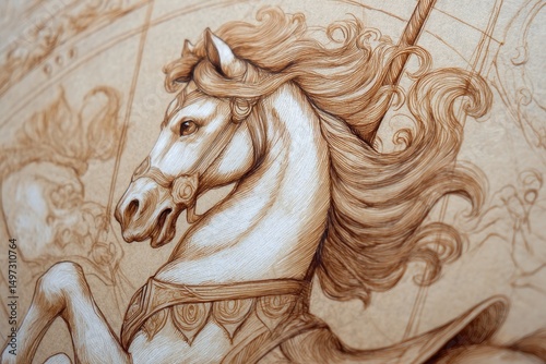 Detailed close-up of a painted carousel horse.