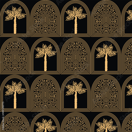 Mobile Summer  seamless pattern tropical  palm tree with in arch modern vector summer  geometric print for wallpaper, textile design , repeat background . black background