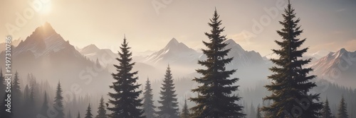 Wallpaper Mural Sun-drenched misty peaks, retro-styled fir trees, ray, bright Torontodigital.ca