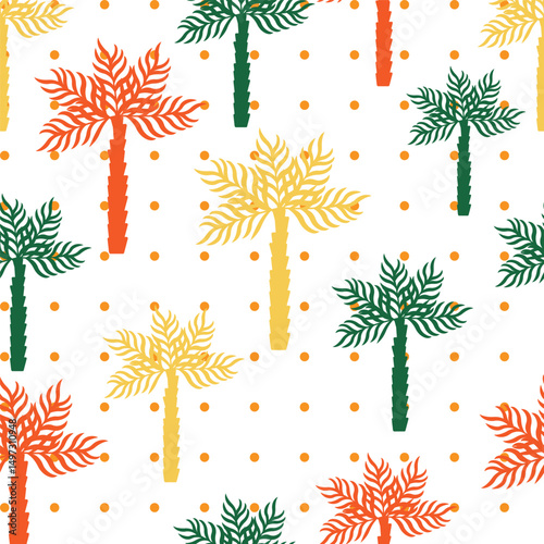 Summer  seamless pattern tropical  palm tree with polka dot modern vector summer  geometric print for wallpaper, textile design , repeat background .