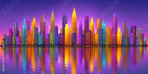 A neon-lit overcrowded vertical city with holographic population counters