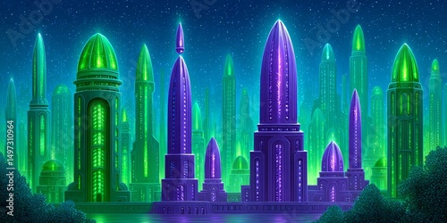 A neon-lit overcrowded vertical city with holographic population counters