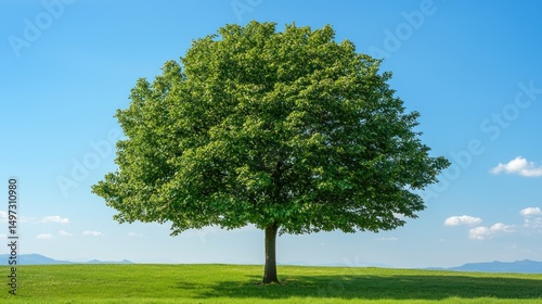 Solitary Tree in a Verdant Meadow under a Clear Blue Sky