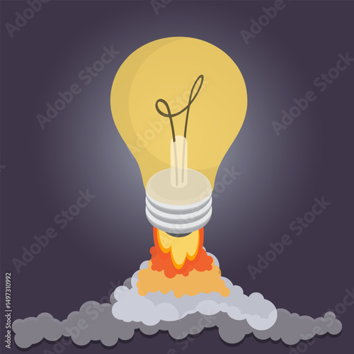 Creative light bulb rocket with blast and smoke takes off on a dark background. Successful launch, creative idea concept. Creative generator and smart and thinking. Flat isometric vector illustration.