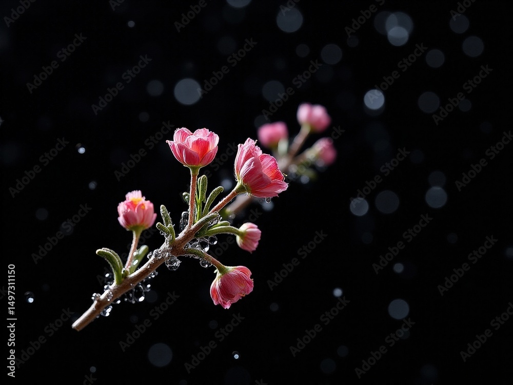 Obraz premium Close up of a pink flower with a few drops of water on it. The image has a serene and calming mood epoxy resin
