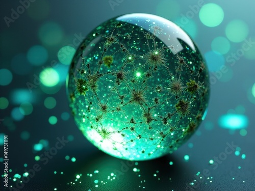 Green glass sphere with a green and white pattern. The sphere is surrounded by a lot of glitter epoxy resin