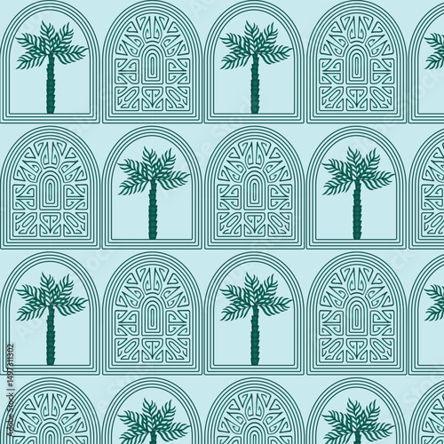 Mobile Summer  seamless pattern tropical  palm tree with in arch modern vector summer  geometric print for wallpaper, textile design , repeat background .