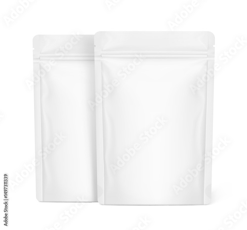 Realistic stand up pouch bag mockup with transparent shadow. Front view. Vector illustration isolated on white background. Ready for your design. EPS10.