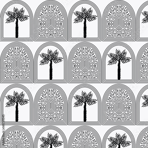 Mobile Summer  seamless pattern tropical  palm tree with in arch modern vector summer  geometric print for wallpaper, textile design , repeat background . white background