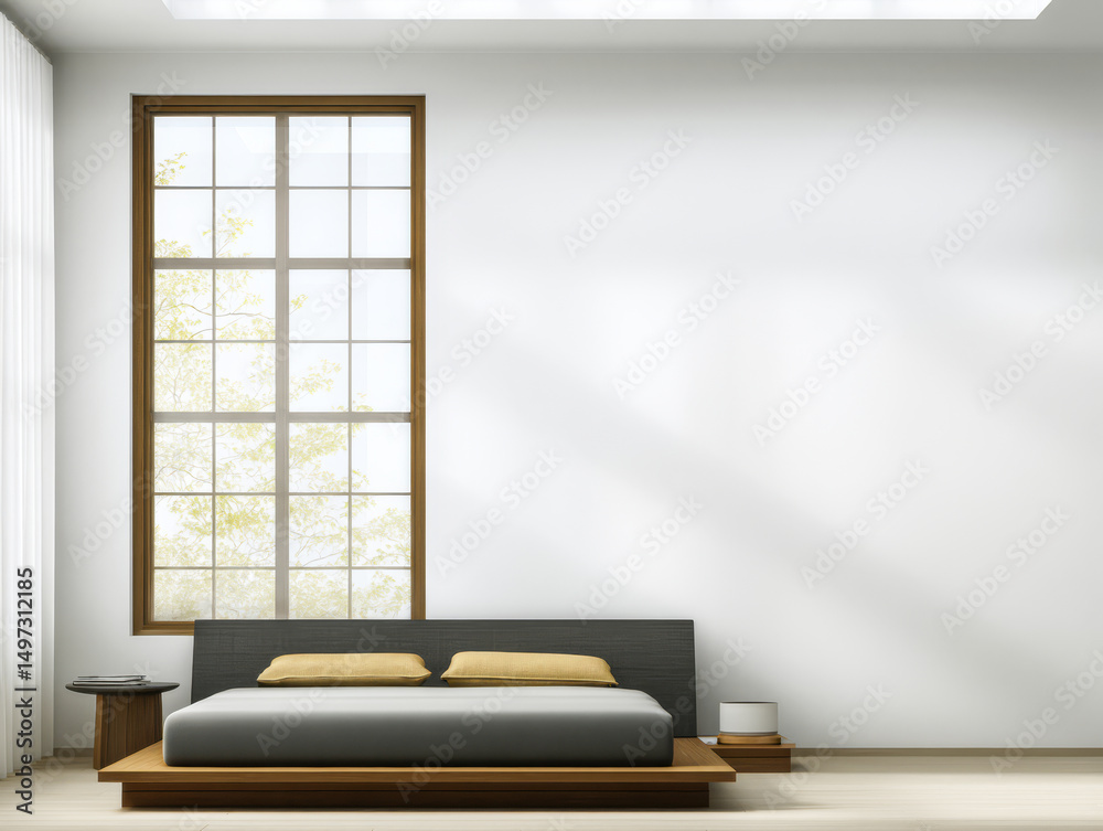 Fototapeta premium Minimalist bedroom design with large window and natural light in modern space