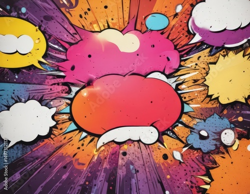 Wallpaper Mural Comic book style photo effect mockup; vibrant colors, speech bubbles, halftone dots,  energetic,  impact,  editing Torontodigital.ca