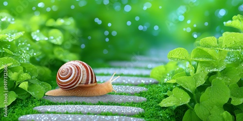 A snail slowly moving through raindrops on a garden path