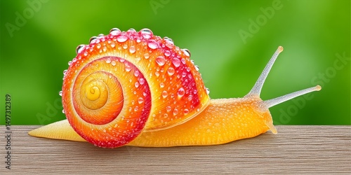 A snail slowly moving through raindrops on a garden path