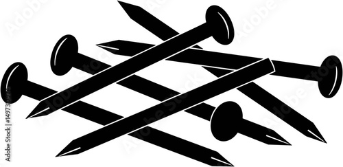 Black nails stacked in a chaotic arrangement on a white background  