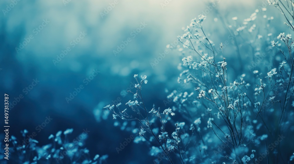Obraz premium Soft-focus image of delicate, small white flowers on slender stems against a blurred teal background. A tranquil nature scene