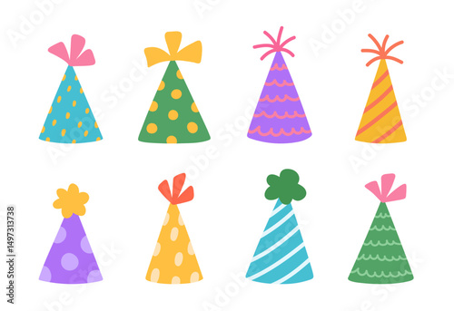 A set of birthday party hats isolated on a white background. Vector hand-drawn illustration in flat style. Perfect for decorations, holiday designs, cards, logo.