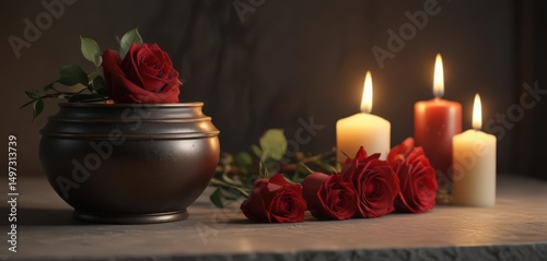 Wallpaper Mural Burning candles flank a single red rose on a cremation urn, ceremony, memorial Torontodigital.ca