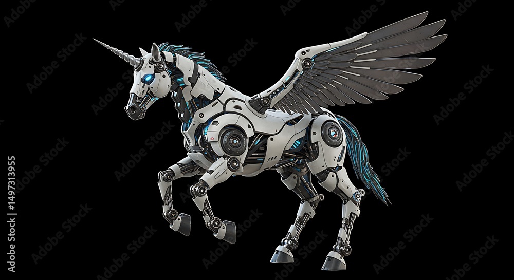 Fototapeta premium Robotic unicorn pegasus machine robot animal cyborg fantasy creature technology artificial intelligence art