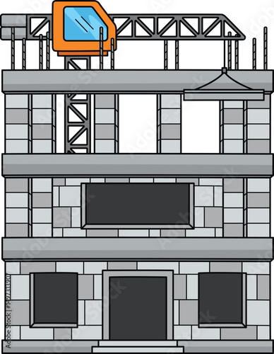 Construction Site with Tower Crane Cartoon Clipart