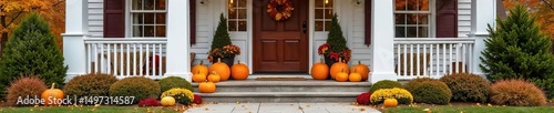 A charming front porch decorated for autumn with pumpkins, fall foliage, and welcoming seasonal decor  Perfect for fall home decor blogs and websites , porch decor, brown, house exterior