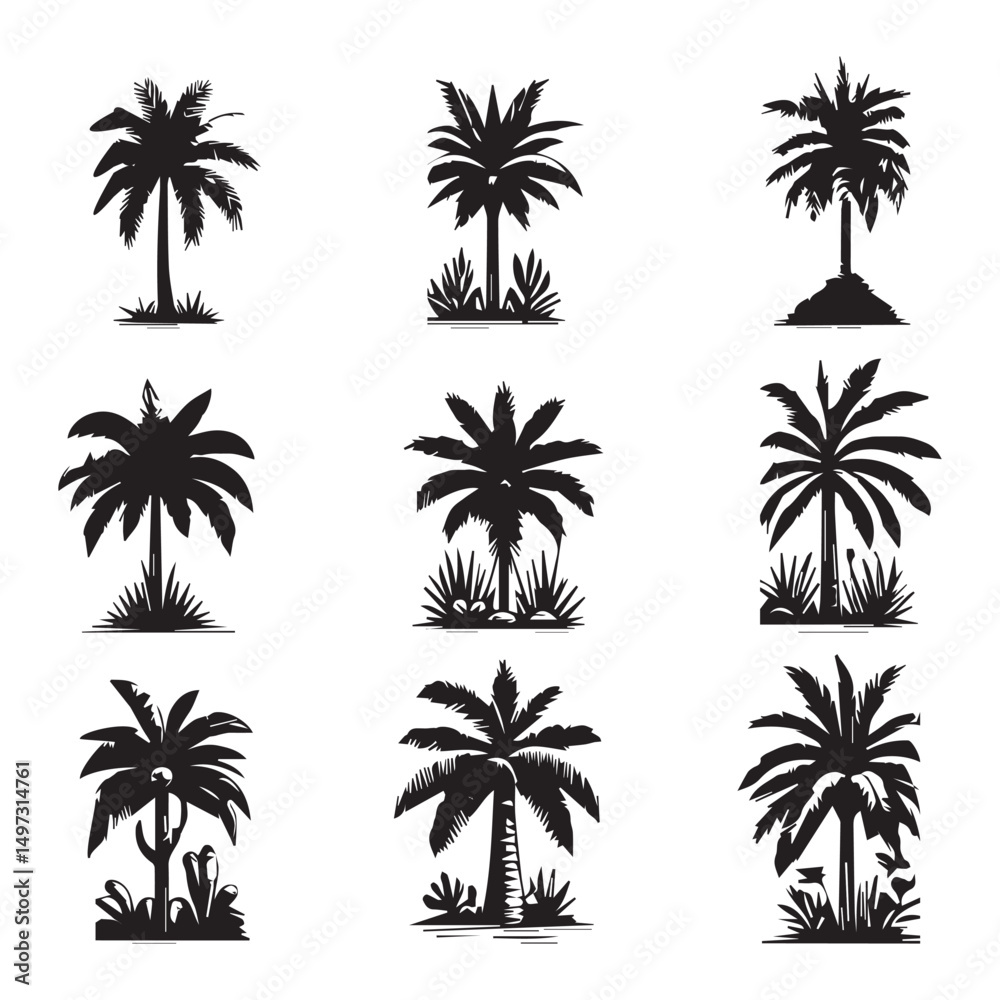 Fototapeta premium Collection of palm tree silhouettes in Adobe Illustrator Artwork
