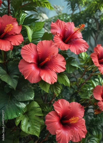 Wallpaper Mural Vibrant hibiscus blooms, lush tropical foliage ,  texture,  flora,  flower Torontodigital.ca