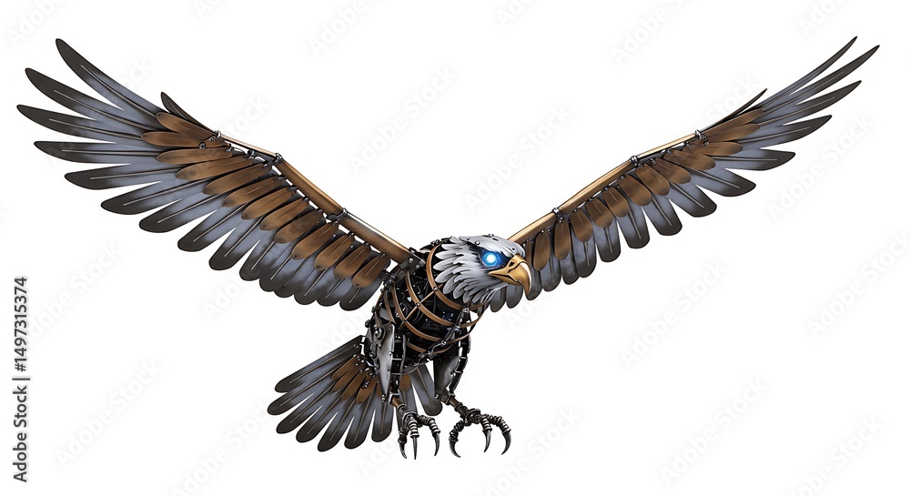 Fototapeta premium Steampunk eagle flying mechanical bird robotic falcon metal wings futuristic artwork design illustration