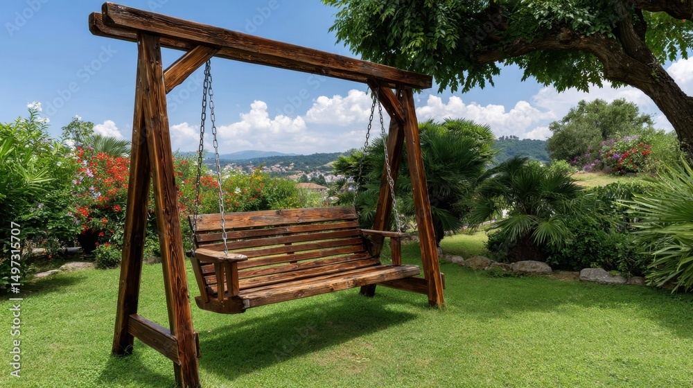 Rustic wooden swing in lush green garden with scenic mountain view Rustic wooden swing in lush green garden with scenic mountain view